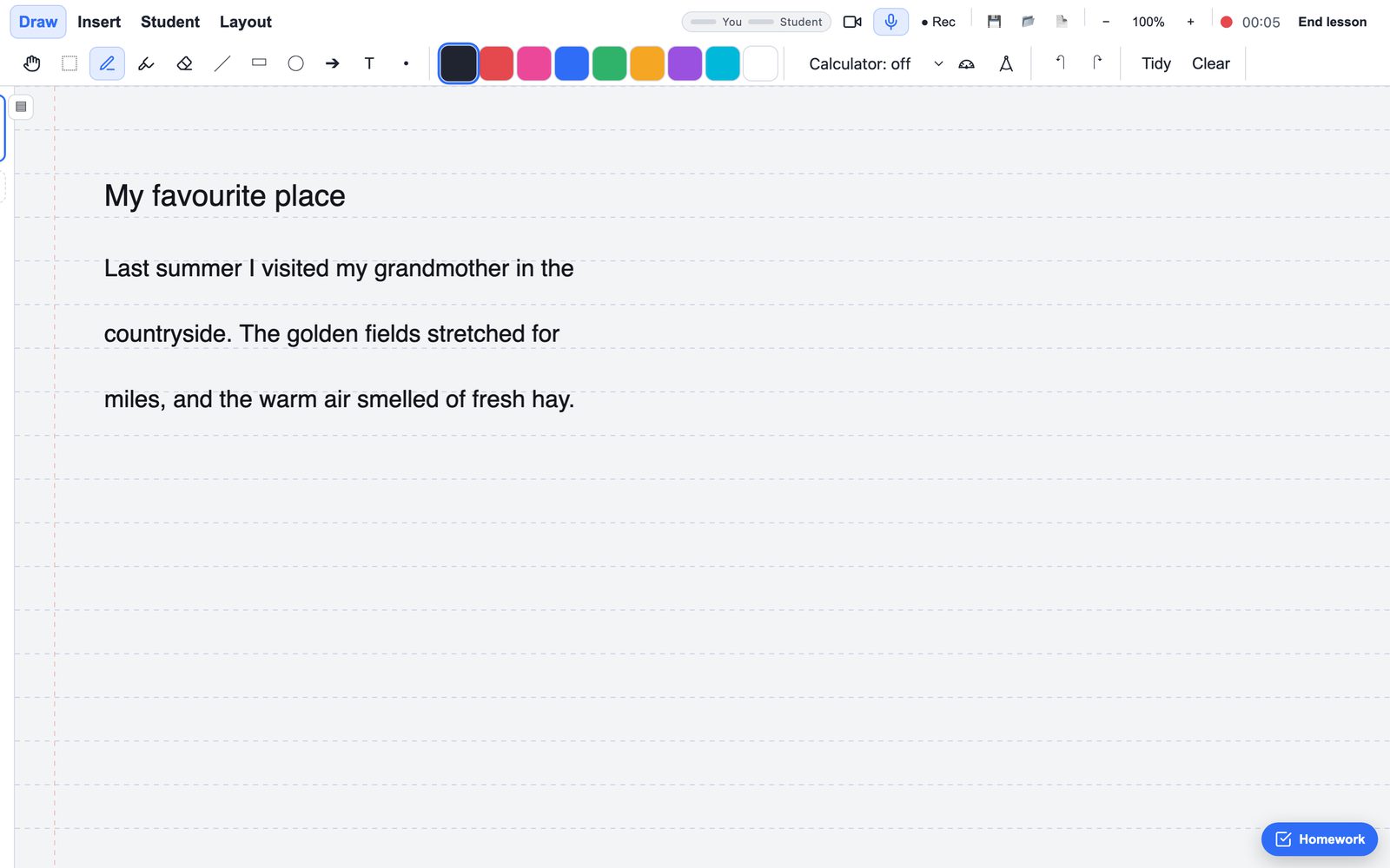 Tutorboard in lined document mode, used for an English lesson with written notes on ruled paper.